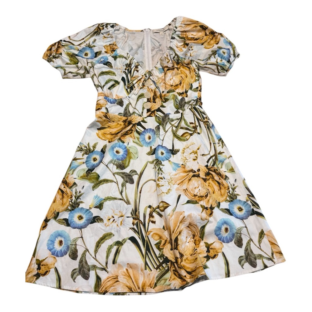 Favorite Daughter Floral V-Neck Mini Dress - White, Yellow & Blue Sz 4 Zip Close - Picture 2 of 6